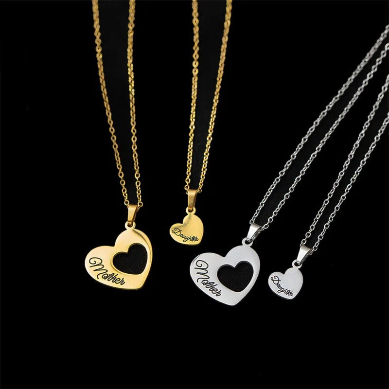 Stainless Steel Mother & Daughter Engraved Heart Necklace 2pc