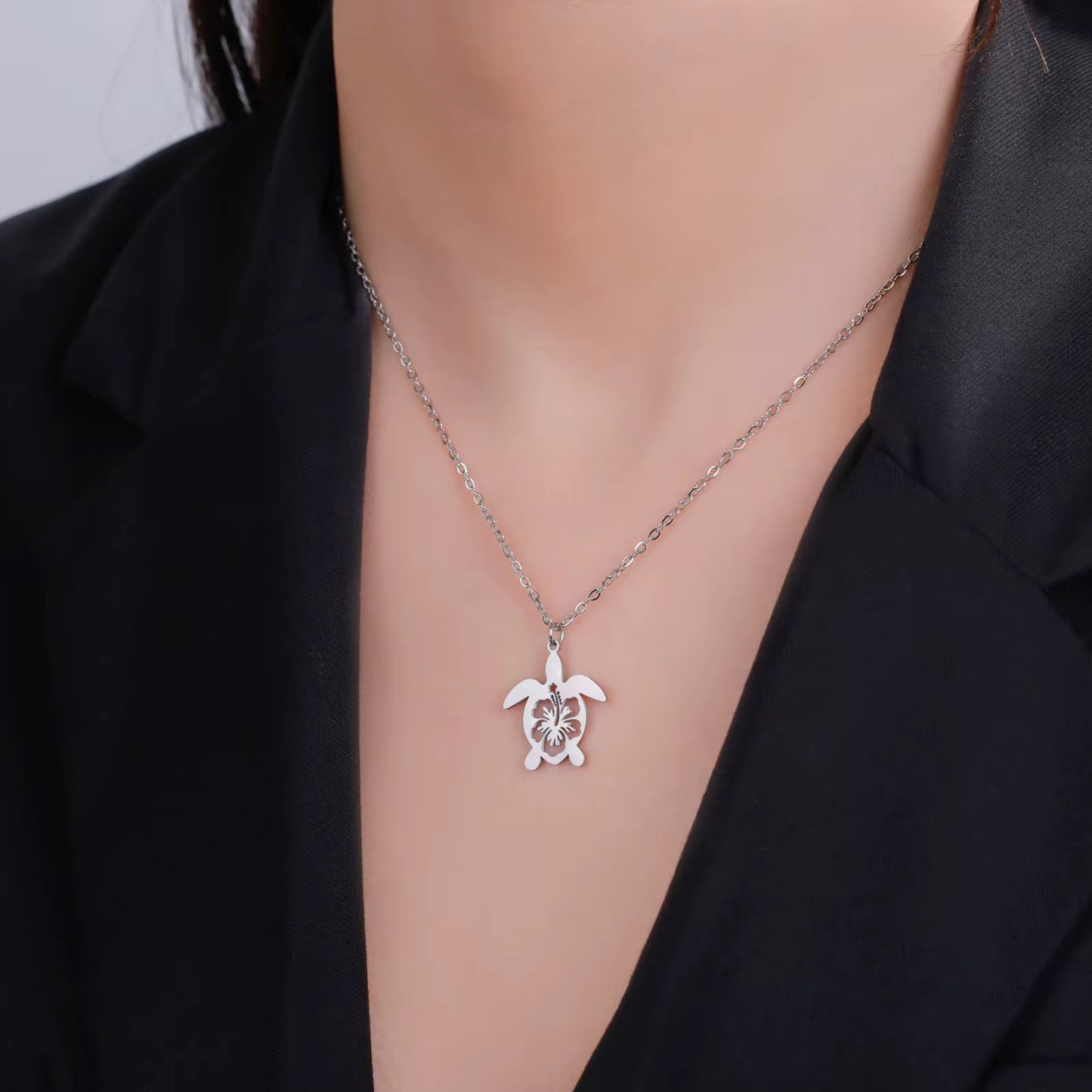 Stainless Steel Turtle Hibiscus Design Necklace