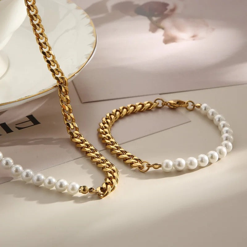 Stainless Steel Pearl Design Necklace & Bracelet 2pc Set