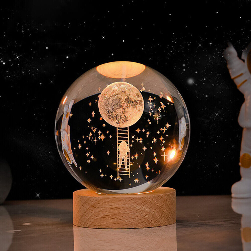 3D Laser Engraved 8cm Glass Crystal Ball Lamp Universe Astronomy Decor (Astronaut Climbing to Moon)