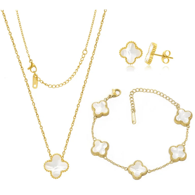 High Quality Stainless Steel Van Cleef Inspired Clover 3pc Set (Pearl White)
