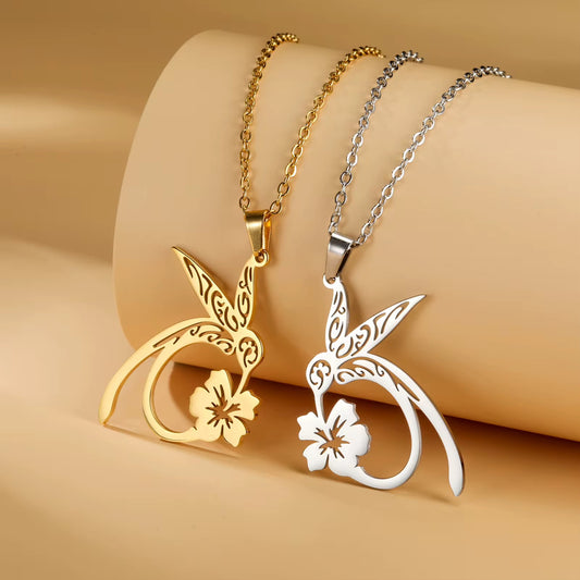 Stainless Steel Hummingbird Hibiscus designed Necklace