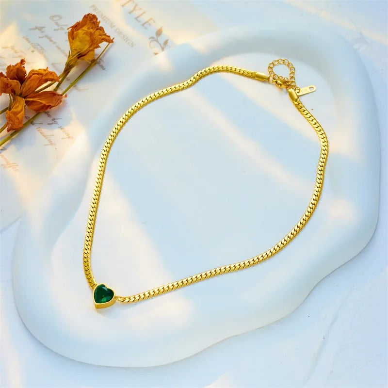 Stainless Steel Green Zircon Heart Necklace