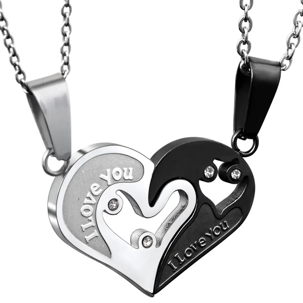 Stainless Steel “I Love You” Couples Distance Heart Necklace 2pc