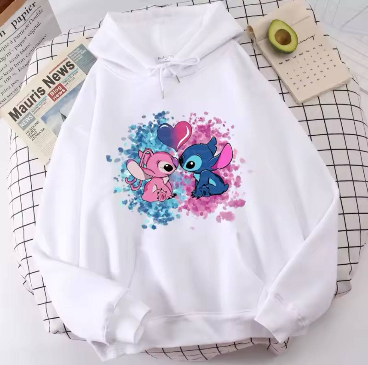 Stitch & Angel Romantic Love Hoodie Design (Pink & Blue)