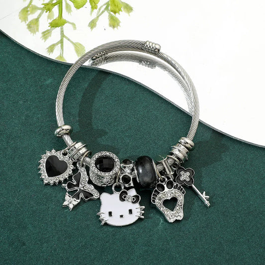 Stainless Steel Hello Kitty Black Zircon Charm Bracelet
