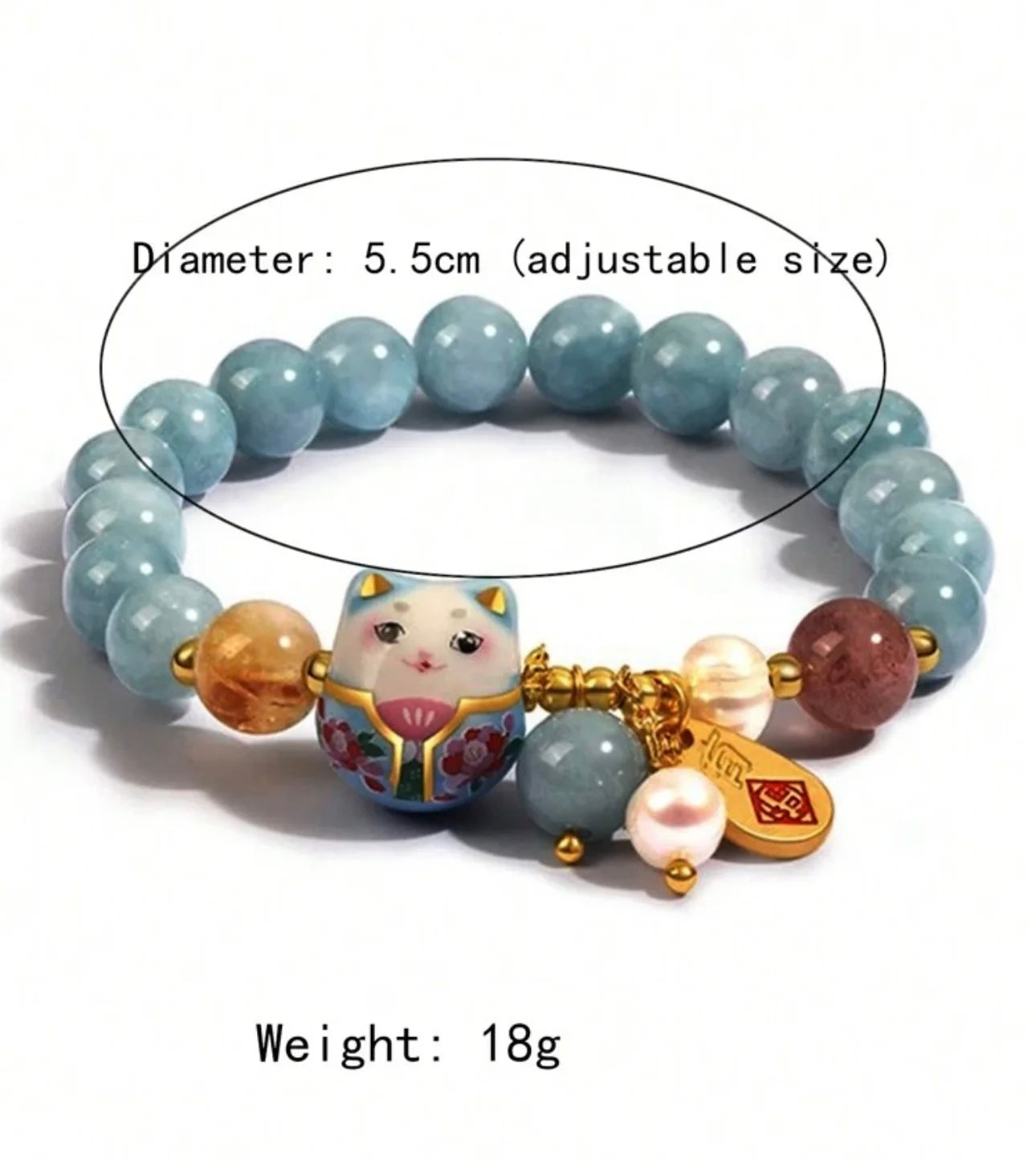 Crystal Blue Agate Lucky Cat Charm Bracelet (8mm)