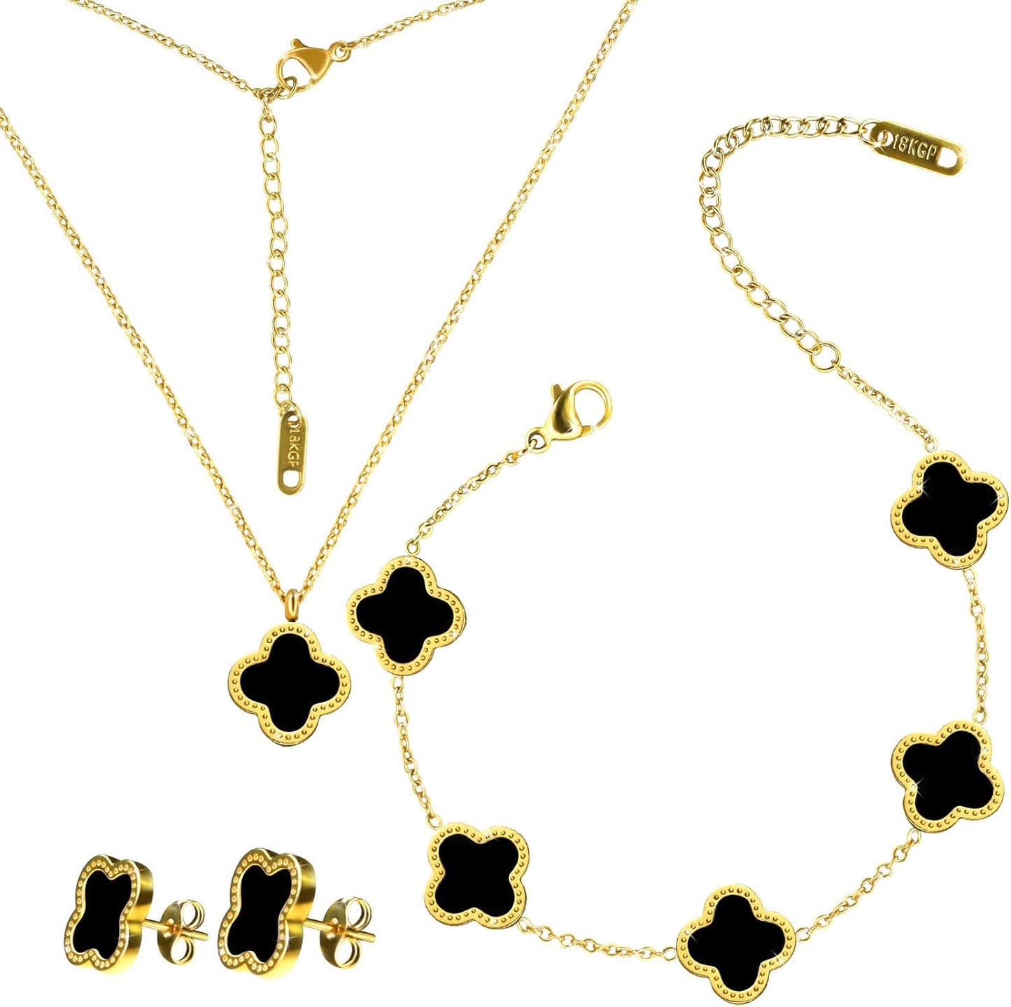 High Quality Stainless Steel Van Cleef Inspired Clover 3pc Set (Black)