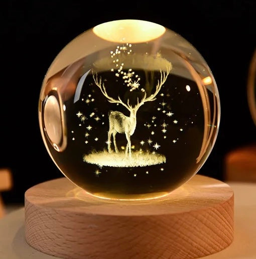 3D Laser Engraved 8cm Glass Crystal Ball Lamp (Reindeer)