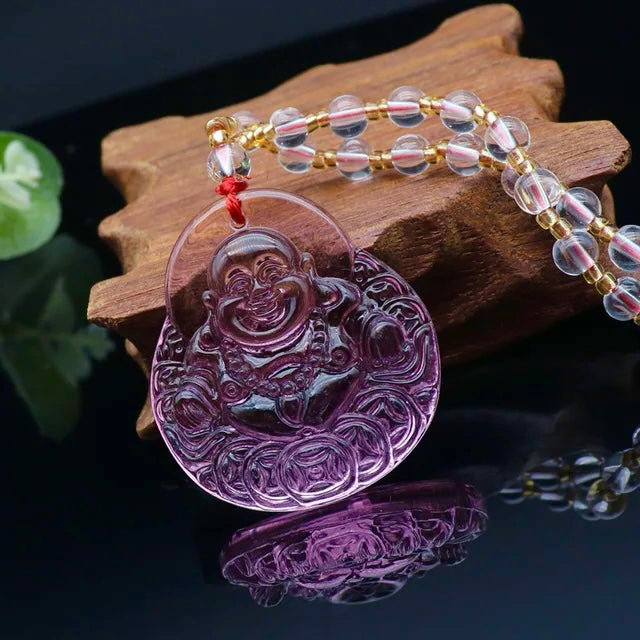 Large Buddha Pink Crystal Necklace