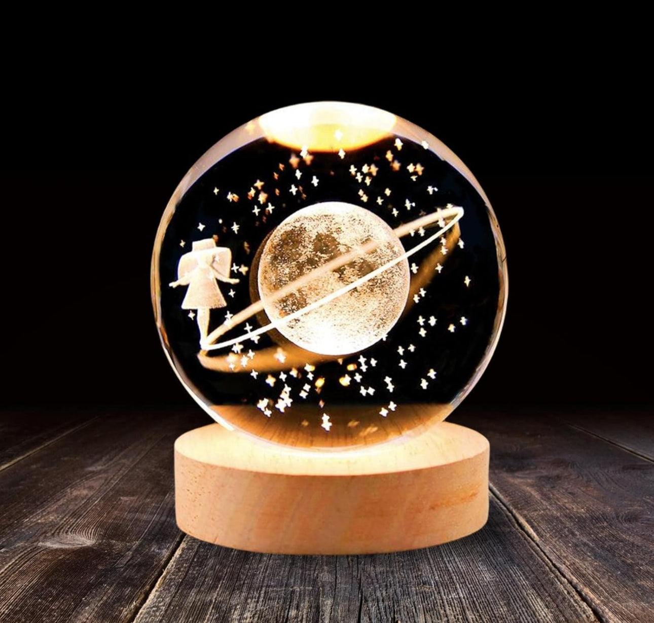 3D Laser Engraved Glass Crystal Ball Lamp Universe Astronomy Decor (Lady on Neptune Rings)