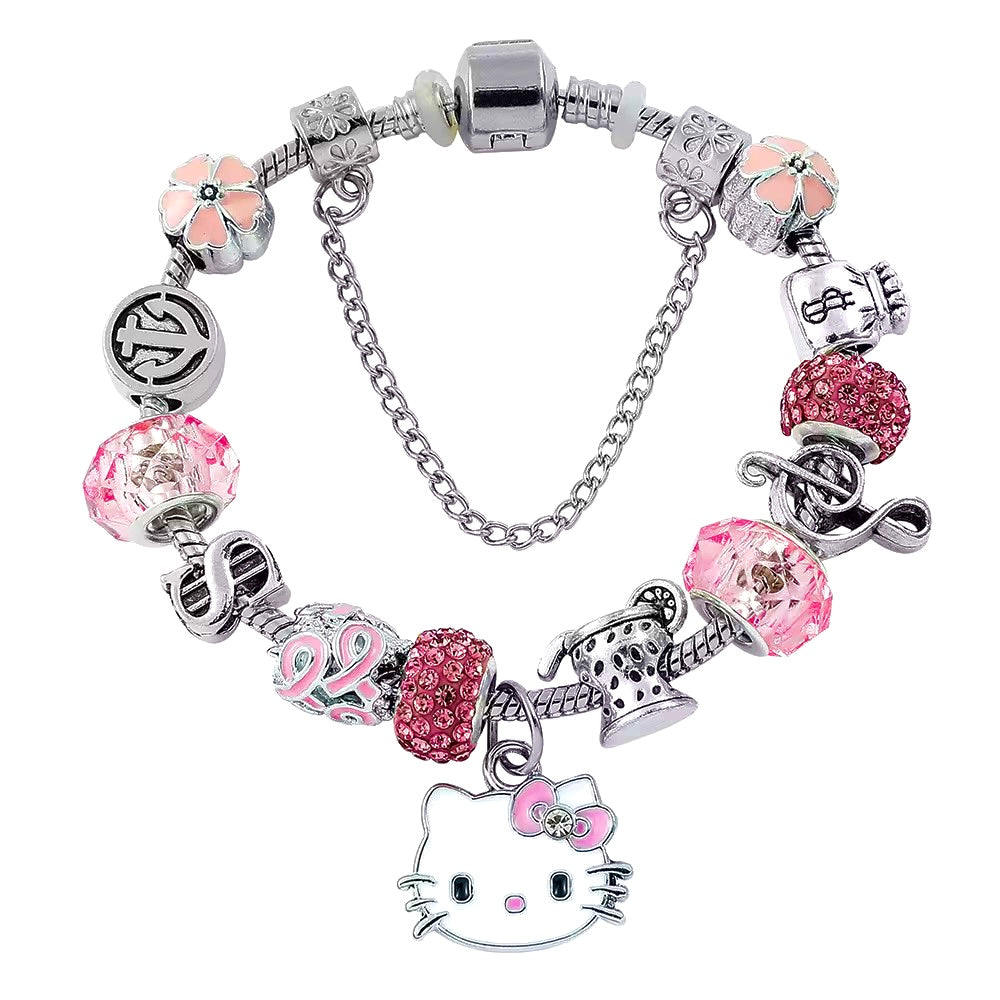 Stainless Steel Hello Kitty Pink Zircon Charm Bracelet