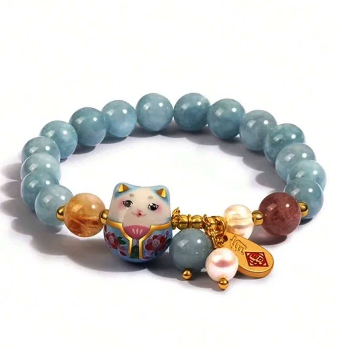 Crystal Blue Agate Lucky Cat Charm Bracelet (8mm)