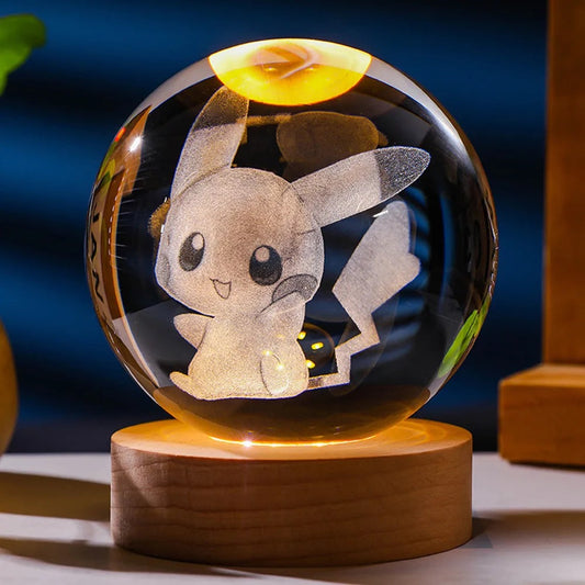 3D Laser Engraved 8cm Glass Crystal Ball Lamp (Pikachu)