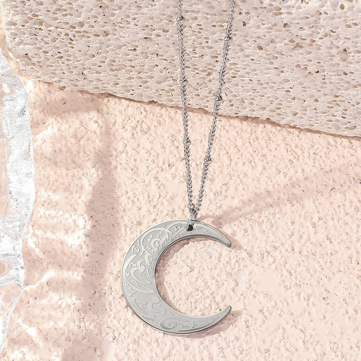 Stainless Steel Islamic "With Hardship Comes Ease" | Crescent Necklace