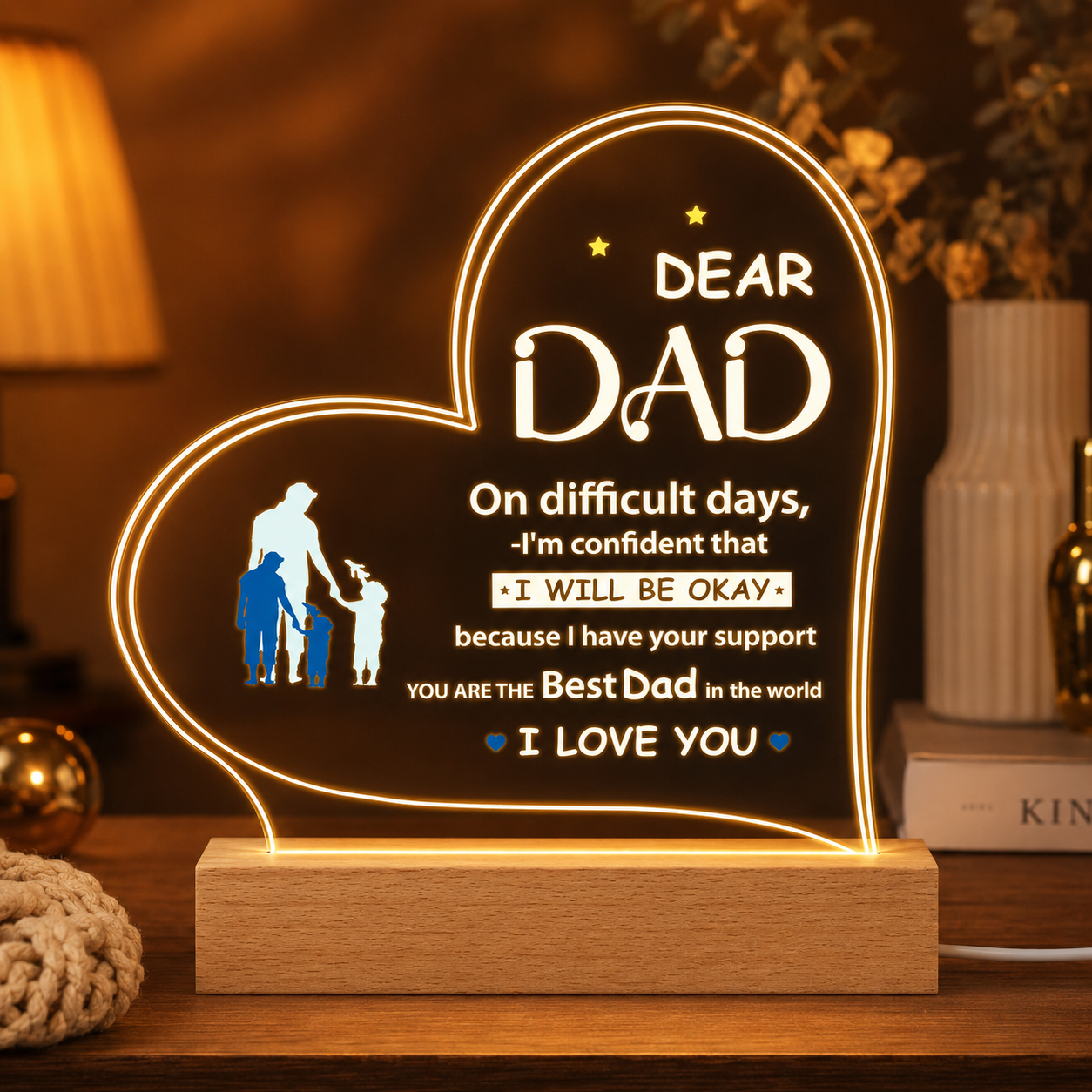 Father’s Love 3D Acrylic Night Lamp With Wooden Base