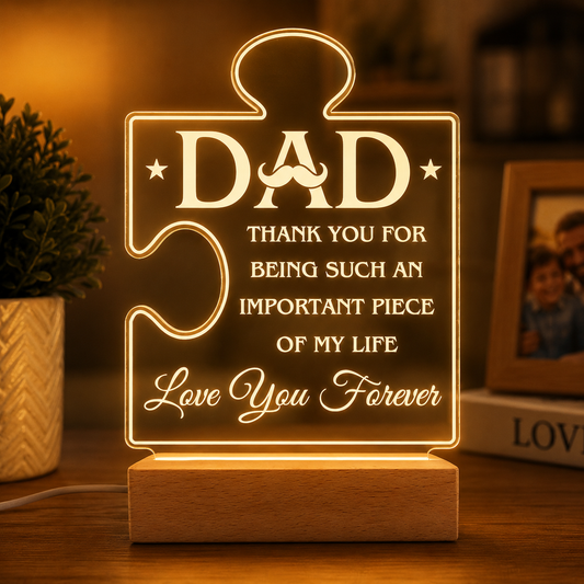 Father’s Love 3D Acrylic Night Lamp With Wooden Base - Puzzle Design