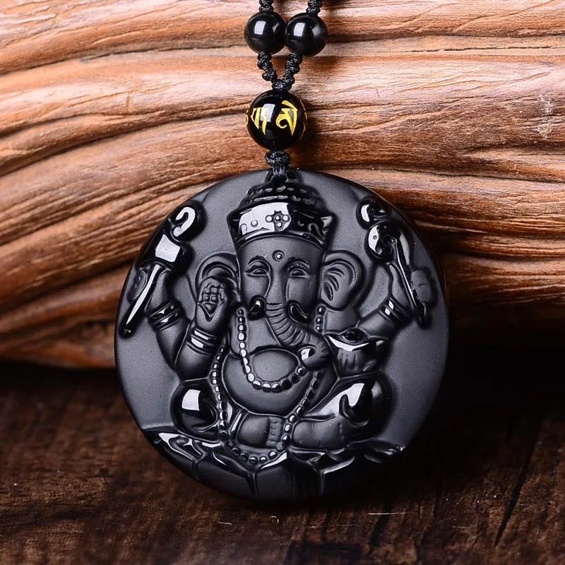 Lord Ganesh Obsidian Necklace