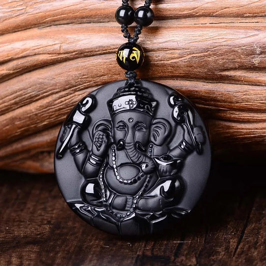 Lord Ganesh Obsidian Necklace