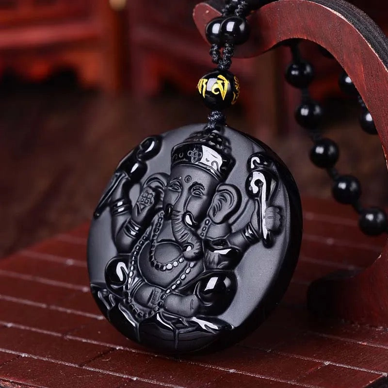 Lord Ganesh Obsidian Necklace