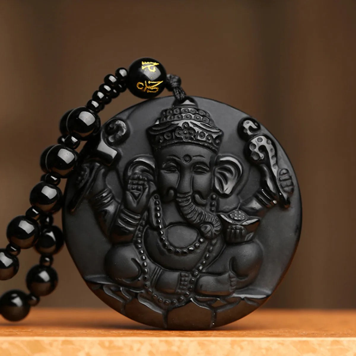 Lord Ganesh Obsidian Necklace