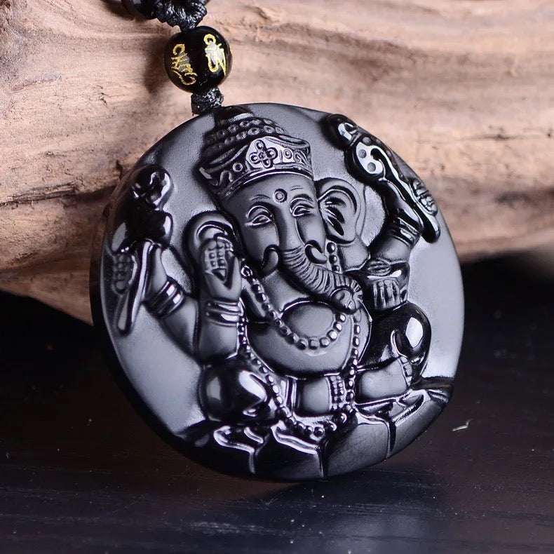 Lord Ganesh Obsidian Necklace