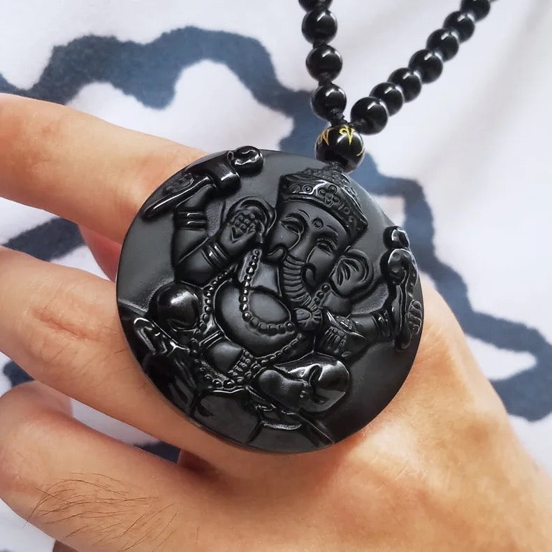 Lord Ganesh Obsidian Necklace