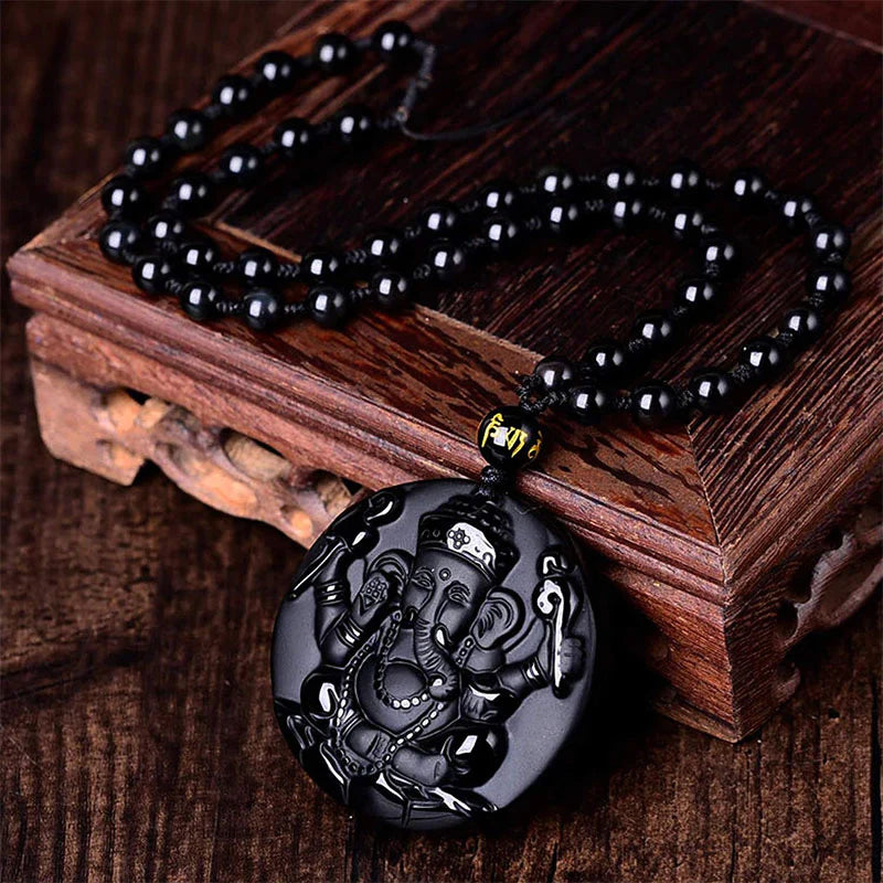 Lord Ganesh Obsidian Necklace