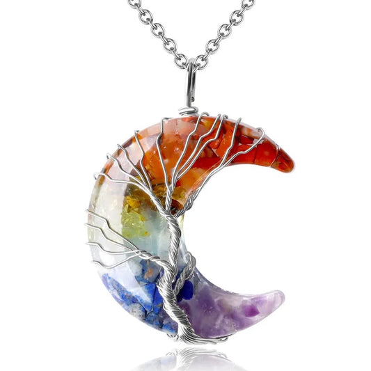 7 Chakra Tree Of Life Wire Wrapped Moon Necklace.