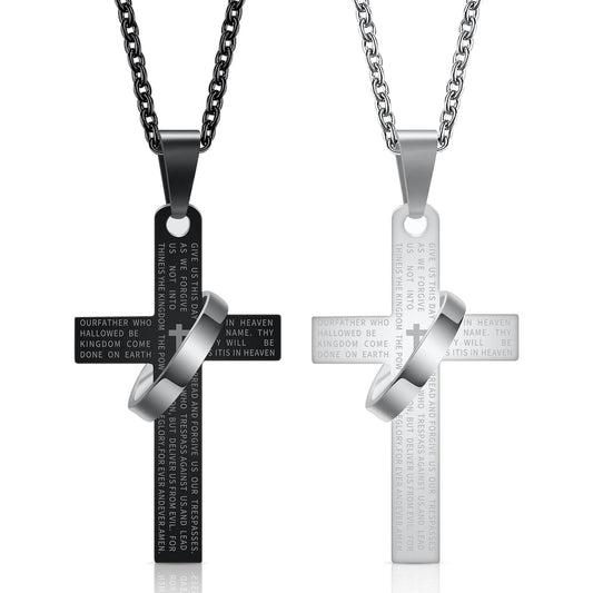 Stainless Steel Christian Cross Necklace- “Our Father” Prayer Engraved