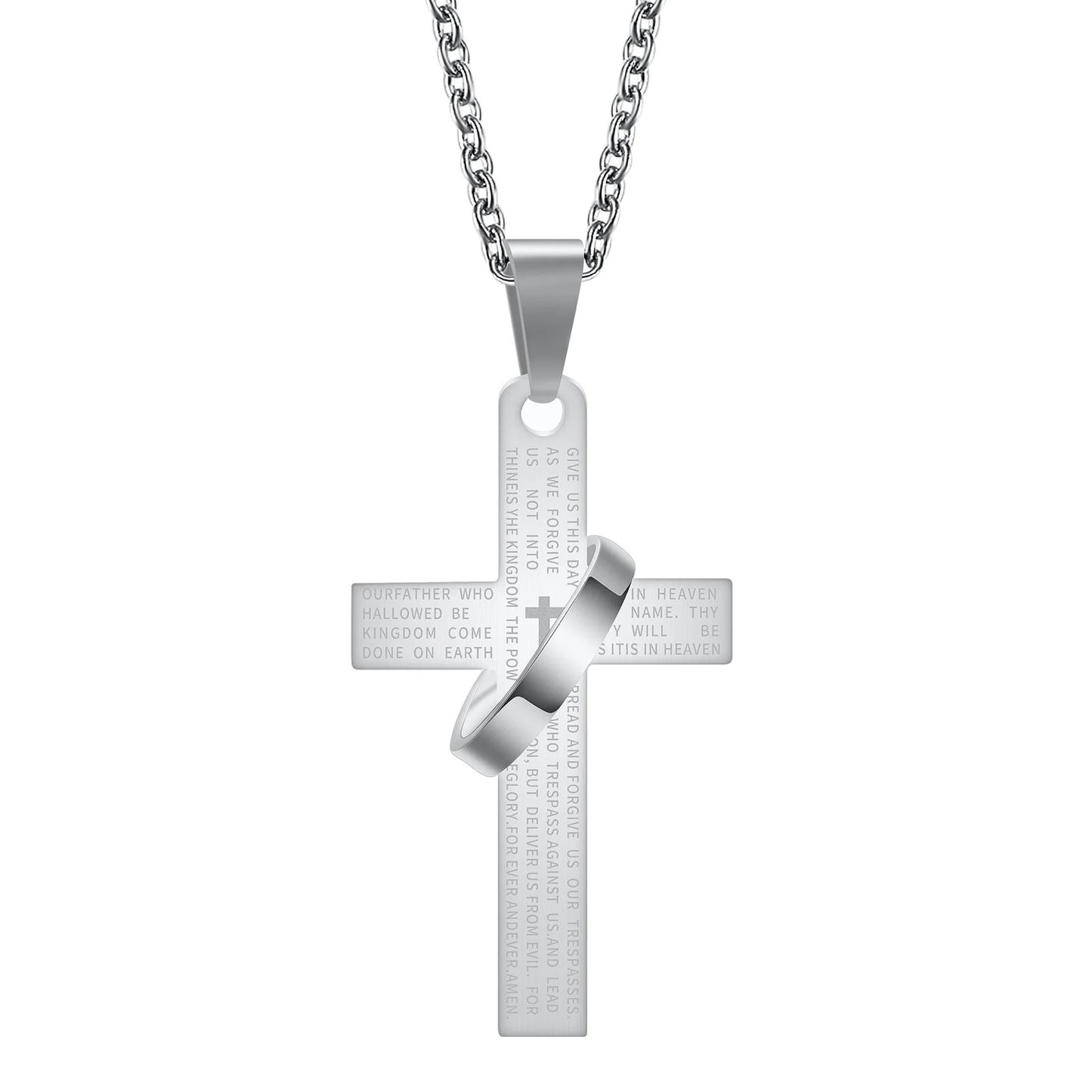 Stainless Steel Christian Cross Necklace- “Our Father” Prayer Engraved