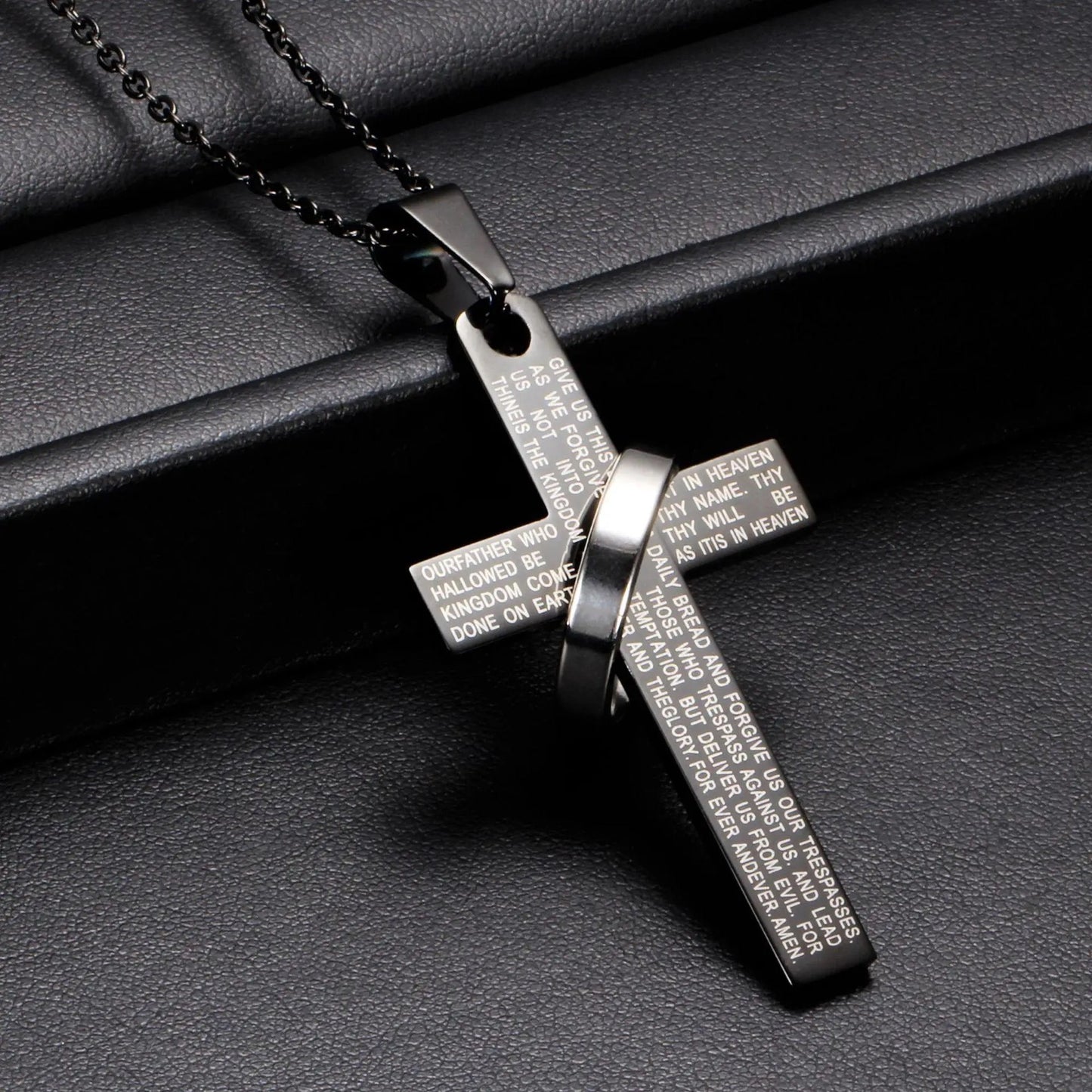 Stainless Steel Christian Cross Necklace- “Our Father” Prayer Engraved