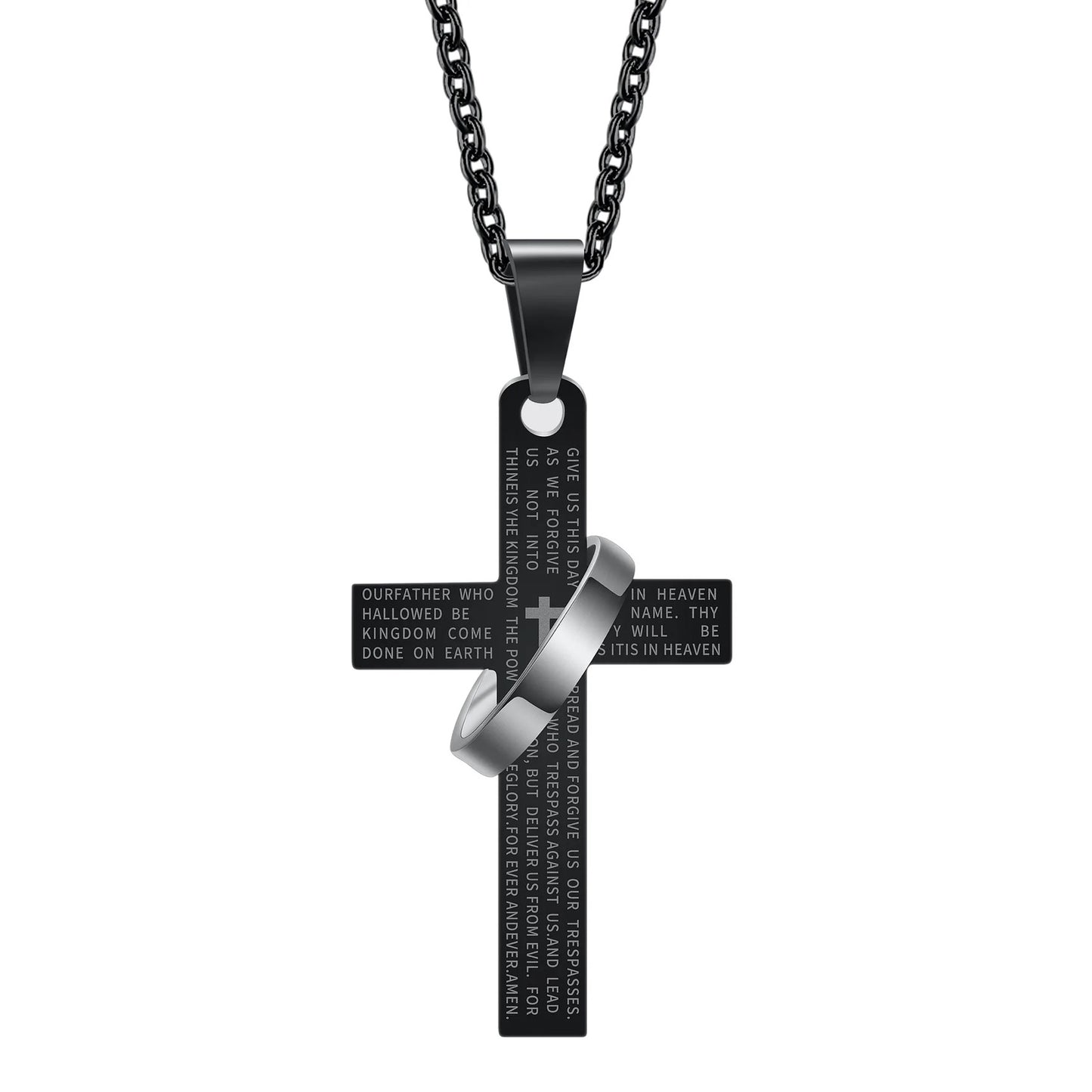 Stainless Steel Christian Cross Necklace- “Our Father” Prayer Engraved