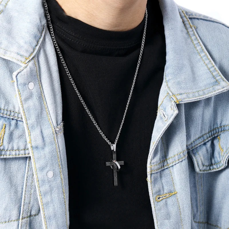 Stainless Steel Christian Cross Necklace- “Our Father” Prayer Engraved