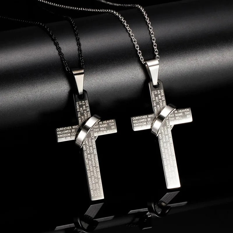 Stainless Steel Christian Cross Necklace- “Our Father” Prayer Engraved