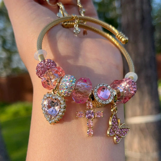 Stainless Steel Pink Zircon Cross Charm Bracelet (Adjustable)