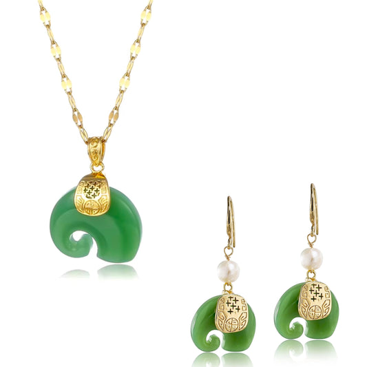 Natural Jade Stone Elephant Set (2pc)