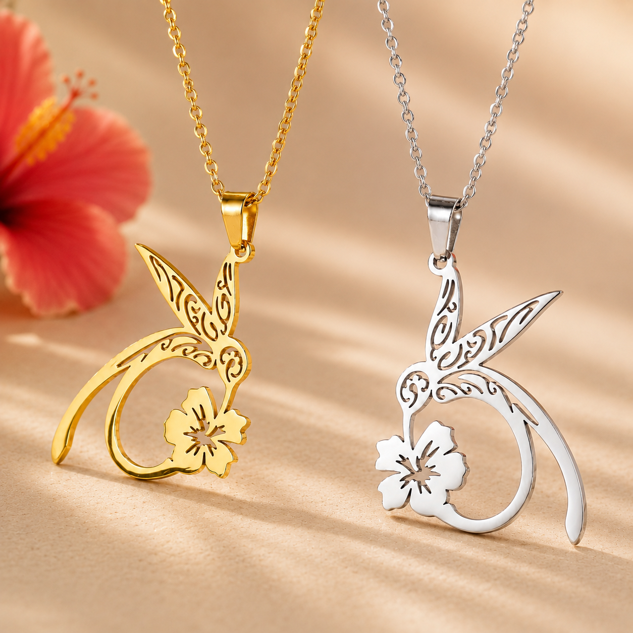 Stainless Steel Hummingbird Hibiscus designed Necklace