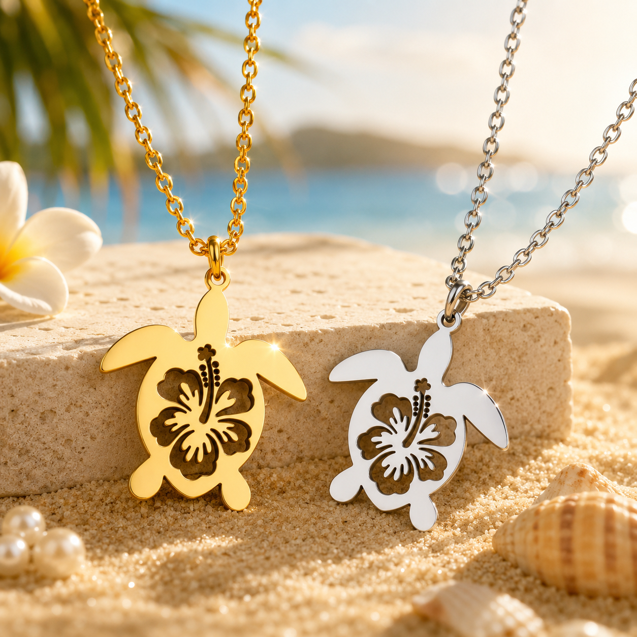 Stainless Steel Sea Turtle Hibiscus-Design Island Necklace