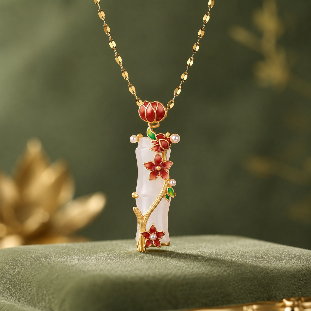 White Jade Floral Bamboo Necklace