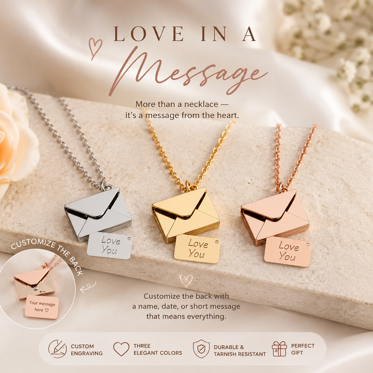 Stainless Steel Personalized Love Note Envelope Necklace