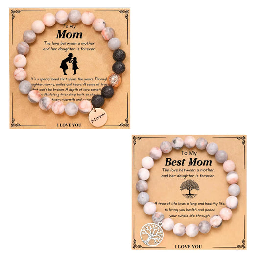 Natural Stone Pink Banded Agate Mother & Daughter Love Bond Bracelet With Gift Card