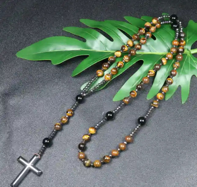 Tiger Eye Bead Rosary Christian Prayer Necklace (8mm)