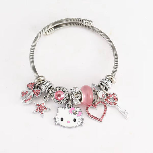 Stainless Steel Hello Kitty Pink Zircon Charm Bracelet