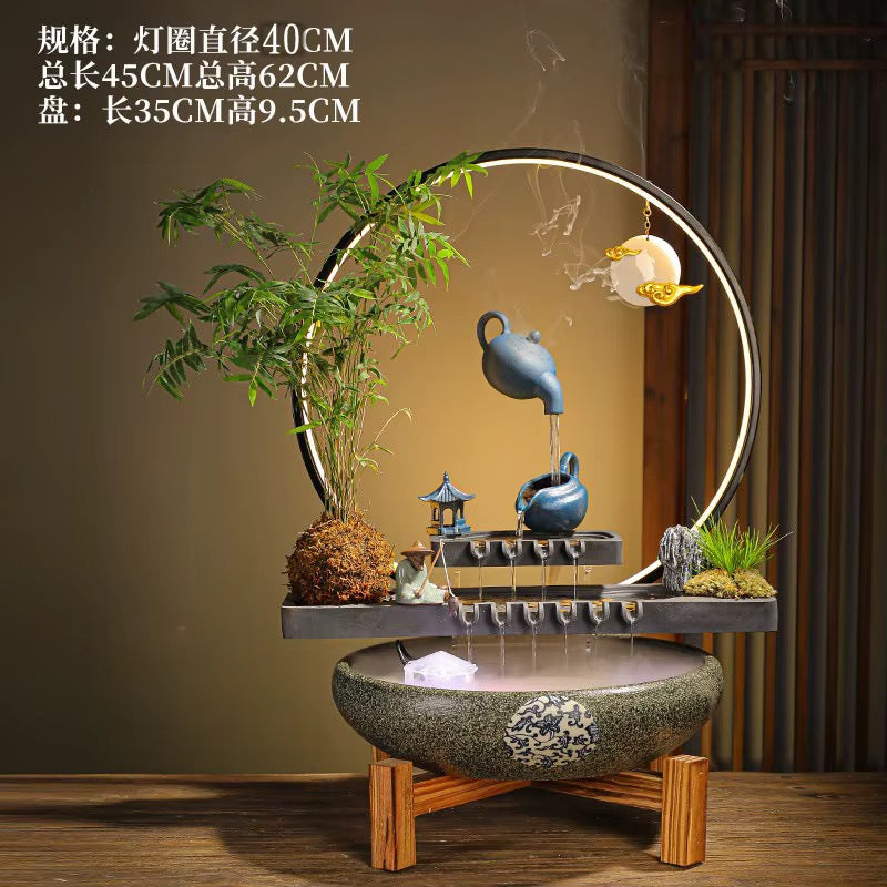 Ceramic Feng Shui Teapot Back-Flow Incense Holder & Waterfall Mist Maker with Ring Light Ornamental Set