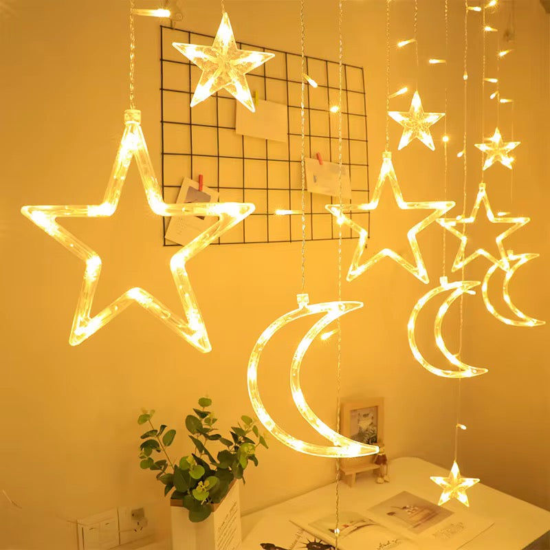 Islamic Cresent and Star Curtain LED String Lights + Remote (8 Modes)