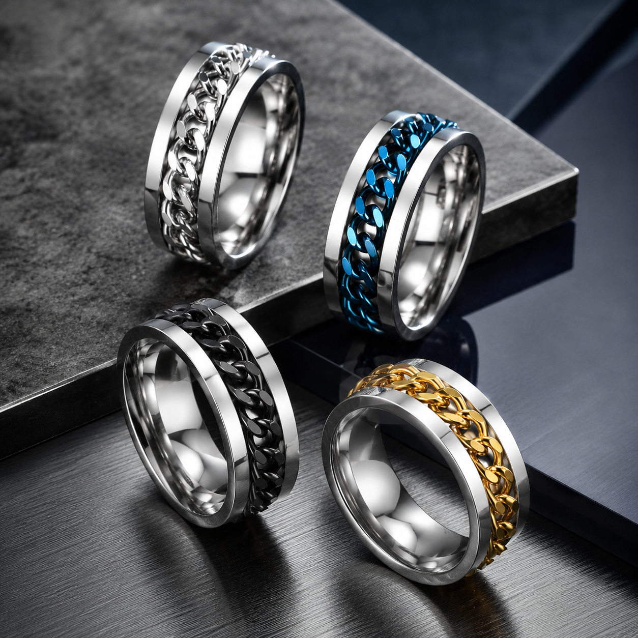 Stainless Steel Rotating 8mm Chain Spinner Ring - Fidget Band Anti Anxiety Design