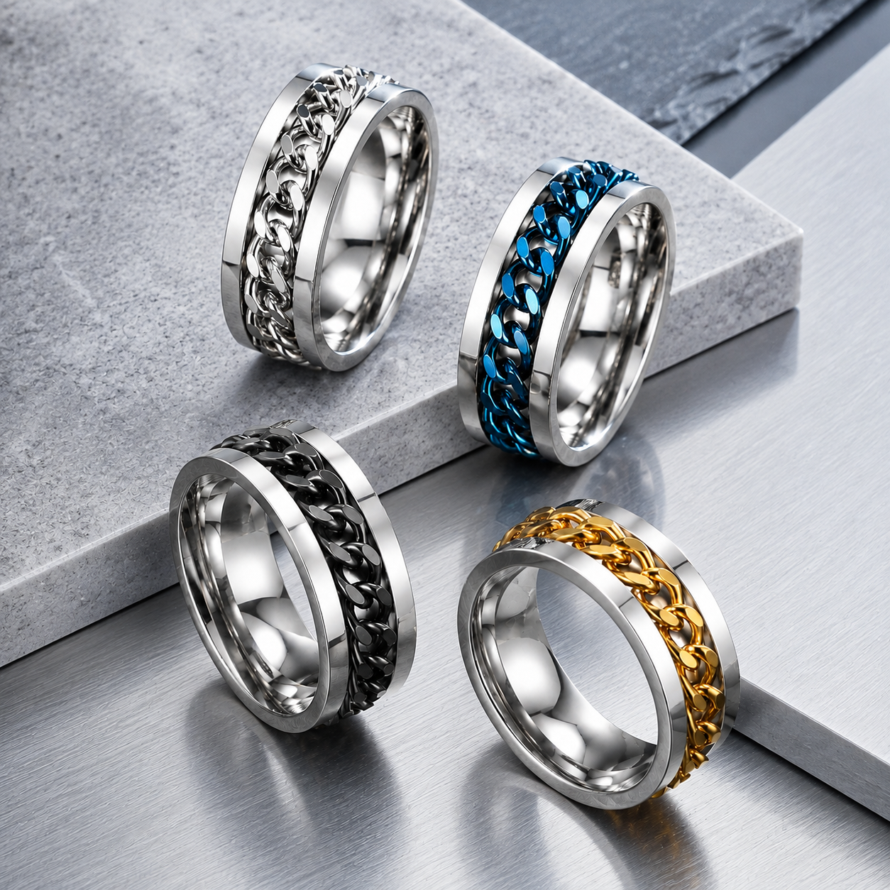 Stainless Steel Rotating 8mm Chain Spinner Ring - Fidget Band Anti Anxiety Design