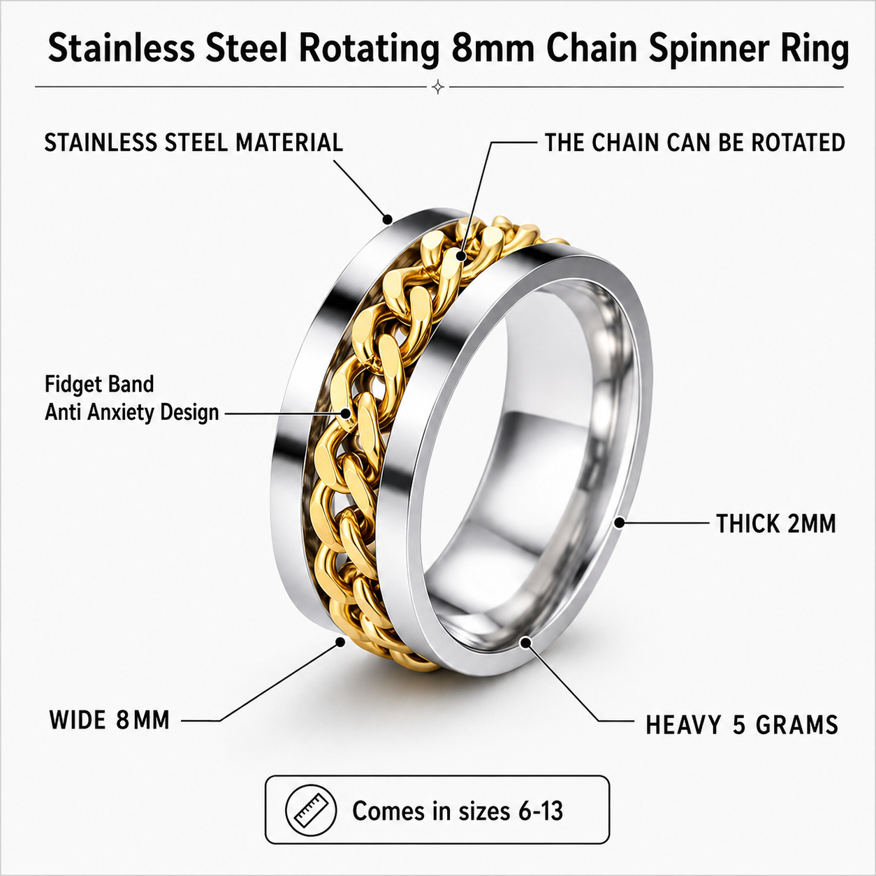 Stainless Steel Rotating 8mm Chain Spinner Ring - Fidget Band Anti Anxiety Design