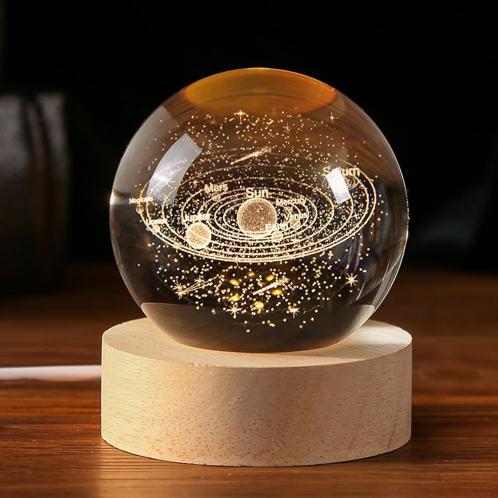 3D Laser Engraved Glass Crystal Ball Lamp Universe Astronomy Decor (Solar System)